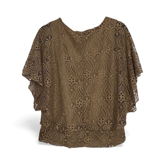 Brittany Black Lace Overlay Brown Tunic Top Scoop Neck Short Sleeves Size Medium - Picture 2 of 5